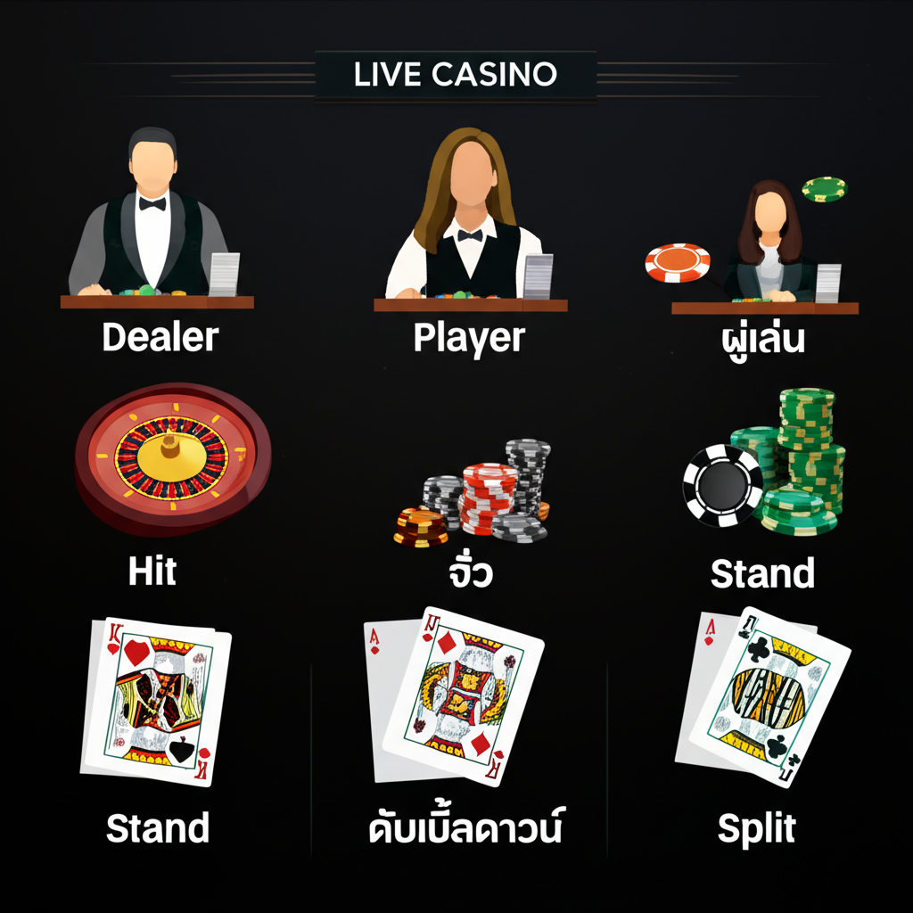อินโฟกราฟิกคำศัพท์คาสิโนสด เช่น ดีลเลอร์, ผู้เล่น, แบงเกอร์, Hit, Stand, Double Down, Split