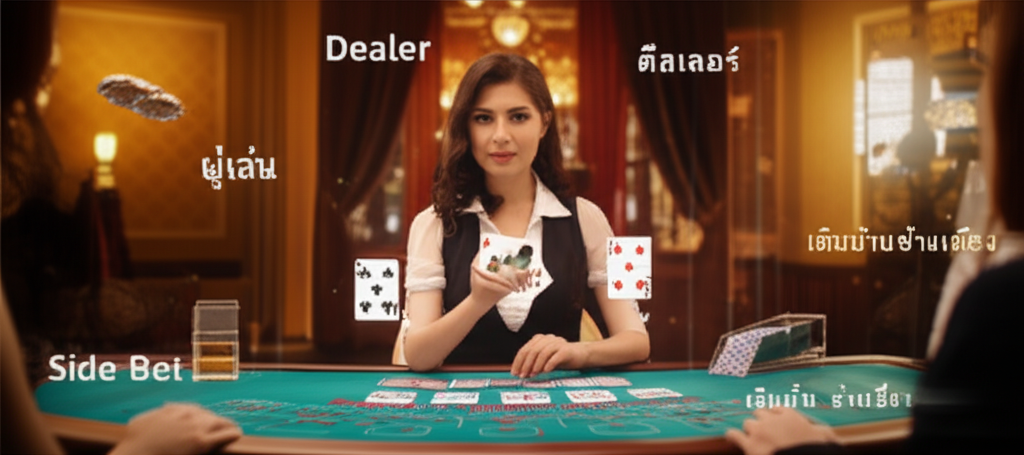 ดีลเลอร์สดกำลังแจกไพ่และสื่อสารกับผู้เล่นในคาสิโนสด พร้อมคำศัพท์พื้นฐานเช่น ดีลเลอร์, ผู้เล่น, แบงค์เกอร์ และเดิมพันข้าง
