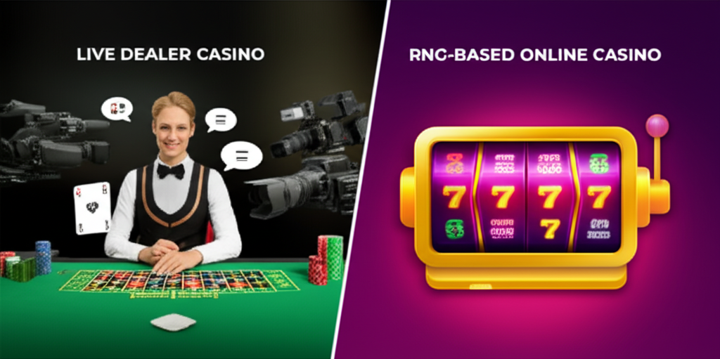 อินโฟกราฟิกเปรียบเทียบคาสิโนสดกับคาสิโนออนไลน์แบบ RNG แสดงความแตกต่างด้านความโปร่งใสและการโต้ตอบแบบเรียลไทม์