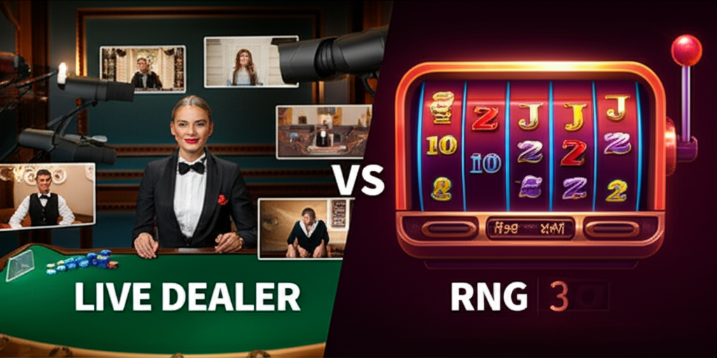 Comparison infographic of live dealer casino versus RNG online casino technology