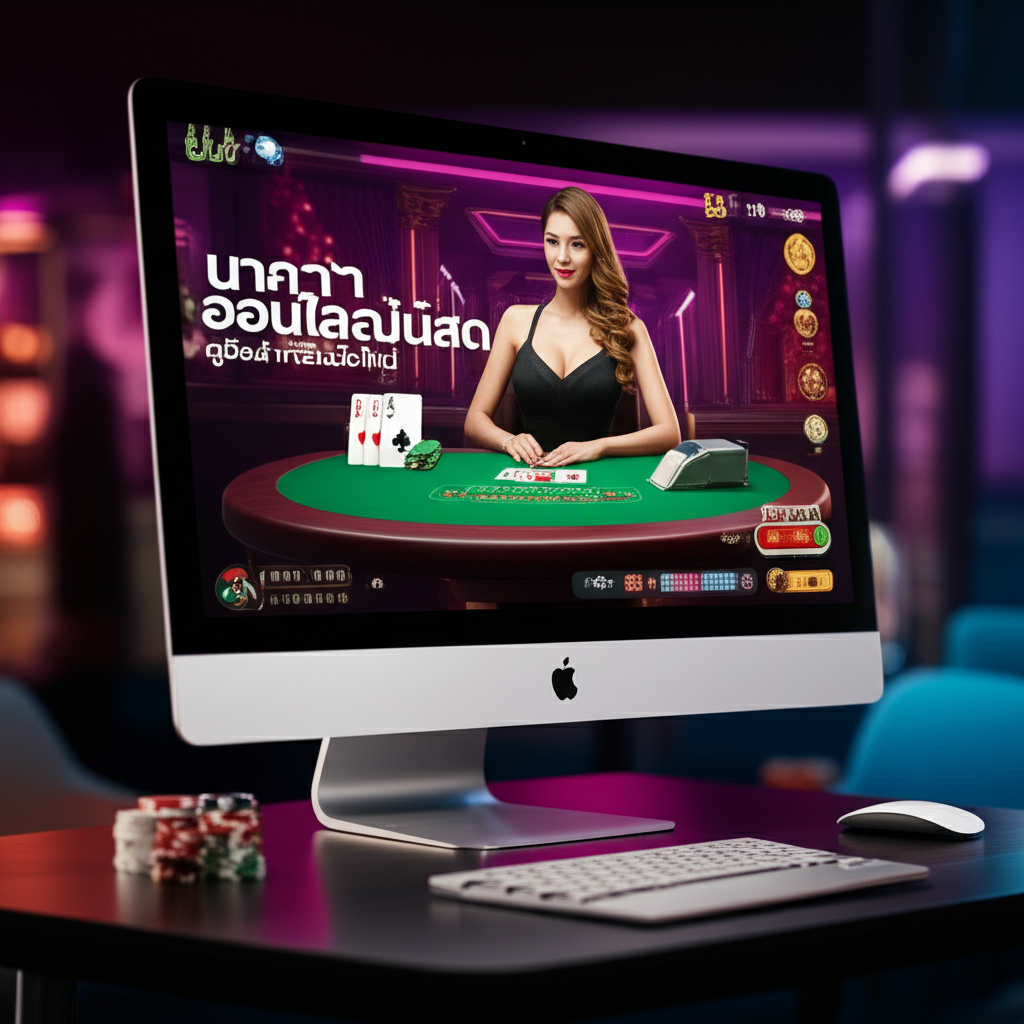 ภาพประกอบบาคาร่าออนไลน์สด แสดงดีลเลอร์สดและอินเทอร์เฟซเกมบนหน้าจอคอมพิวเตอร์ในบรรยากาศคาสิโนหรู