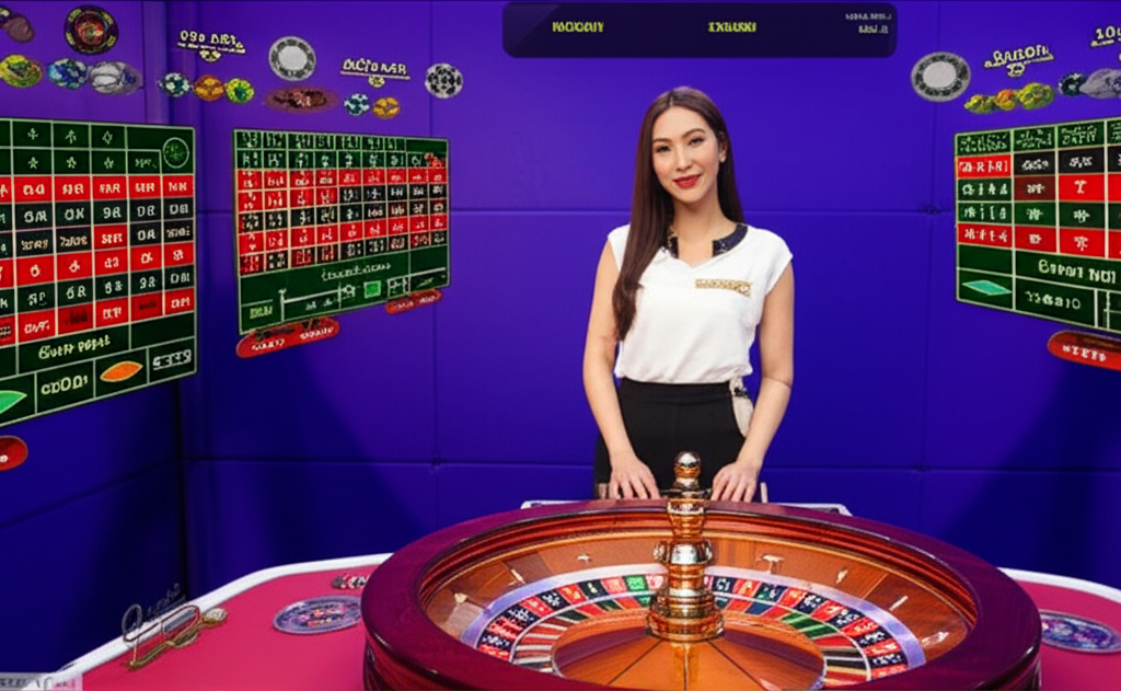 ภาพเกมรูเล็ตสดออนไลน์พร้อมดีลเลอร์หญิงมืออาชีพในสตูดิโอคาสิโนสไตล์ทันสมัย แสดงการเดิมพันและชิปเดิมพันดิจิทัล