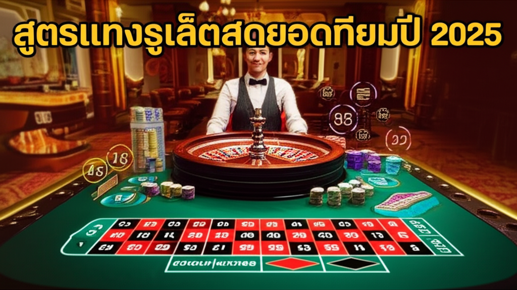 ภาพโต๊ะรูเล็ตสดในคาสิโนพร้อมวงล้อรูเล็ตและชิปเดิมพัน แสดงสูตรแทงรูเล็ตยอดนิยมปี 2025 เช่น Martingale และ Fibonacci พร้อมกราฟิกเทคโนโลยี AI