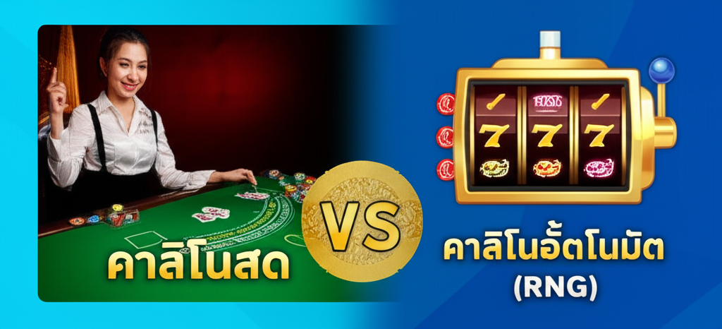 อินโฟกราฟิกเปรียบเทียบคาสิโนสดกับคาสิโนอัตโนมัติ (RNG) แสดงดีลเลอร์สดและเครื่องสล็อตดิจิทัล พร้อมคำอธิบายเป็นภาษาไทย