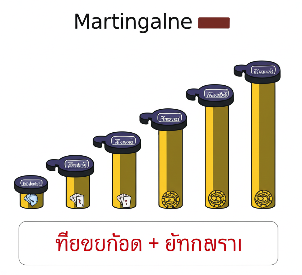 แผนภาพแสดงสูตรเดินเงิน Martingale และ Fibonacci สำหรับบาคาร่า พร้อมคำอธิบายขั้นตอนการเดิมพัน