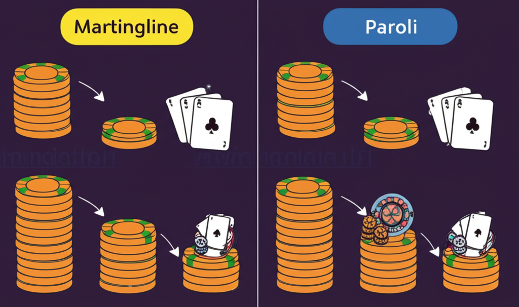 อินโฟกราฟิกแสดงหลักการเดินเงิน Martingale และ Paroli พร้อมขั้นตอนและตัวอย่างการเดิมพันในคาสิโนสด