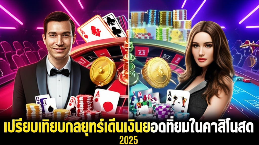 ภาพเปรียบเทียบกลยุทธ์เดินเงิน Martingale และ Paroli ในคาสิโนสด ปี 2025 พร้อมสัญลักษณ์เกมบาคาร่า รูเล็ต และแบล็คแจ็ค