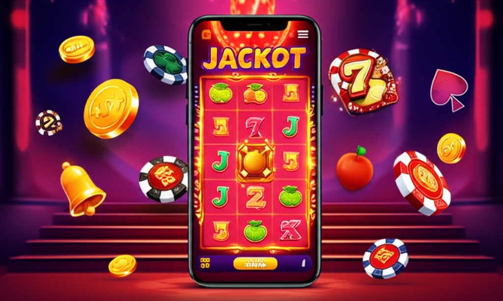 ภาพมือถือแสดงเกมสล็อตออนไลน์ที่มีสีสันสดใส พร้อมสัญลักษณ์แจ็คพอตและเหรียญคาสิโน แสดงถึงแอปคาสิโนออนไลน์สายสล็อตที่แตกง่ายและจ่ายจริงในปี 2025