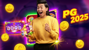 ผู้เล่นกำลังเล่นสล็อต PG SLOT บนมือถือ พร้อมสัญลักษณ์โบนัสและเหรียญทองในปี 2025
