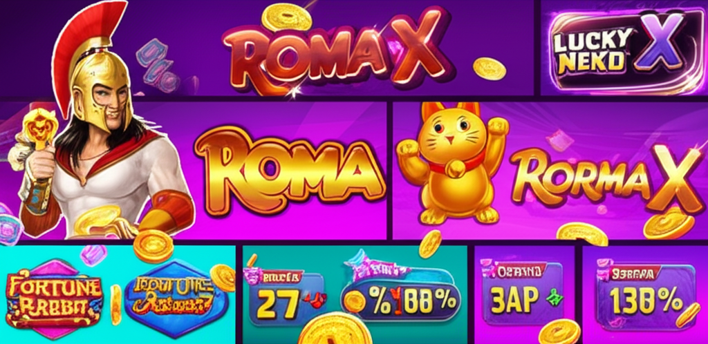 ภาพรวมเกม PG SLOT ยอดนิยม เช่น Roma X, Lucky Neko, Fortune Rabbit พร้อมแสดงฟีเจอร์และโบนัส