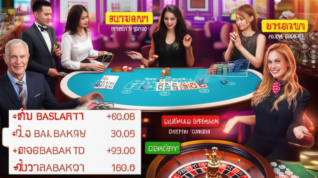 ภาพเกมคาสิโนสดยอดนิยม ได้แก่ บาคาร่า รูเล็ต และแบล็คแจ็ค พร้อมดีลเลอร์สดและผู้เล่นในบรรยากาศคาสิโนที่น่าตื่นเต้น