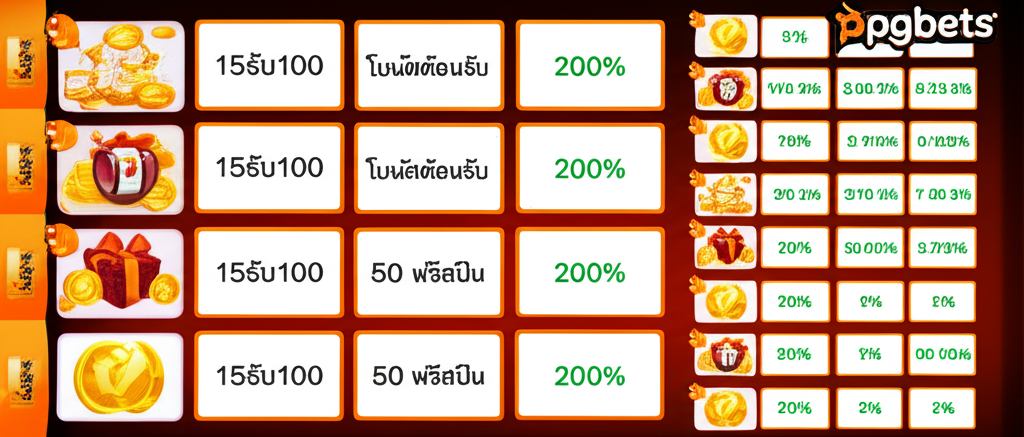 ตารางเปรียบเทียบโปรโมชั่นยอดนิยมบนเว็บ thepgbets เช่น 15รับ100 โบนัสต้อนรับ 200% และ 50 ฟรีสปิน