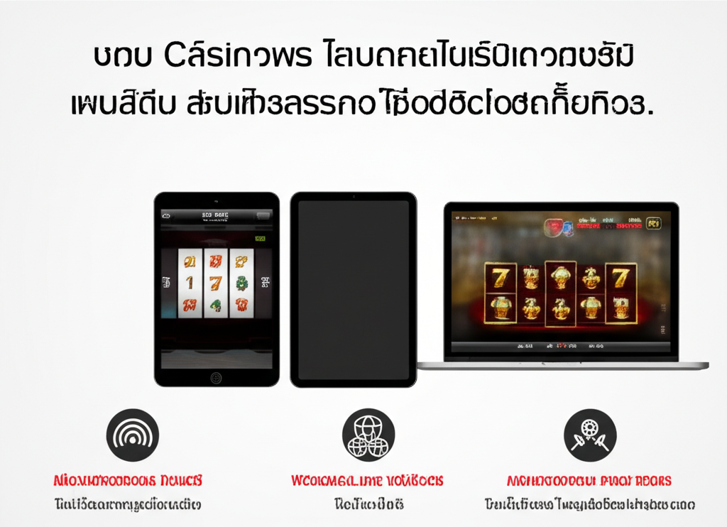 ภาพแนะนำอุปกรณ์ที่เหมาะสมสำหรับเล่นคาสิโนออนไลน์ เช่น มือถือ แท็บเล็ต และคอมพิวเตอร์ พร้อมไอคอนแสดงการเชื่อมต่อและแอปที่รองรับ