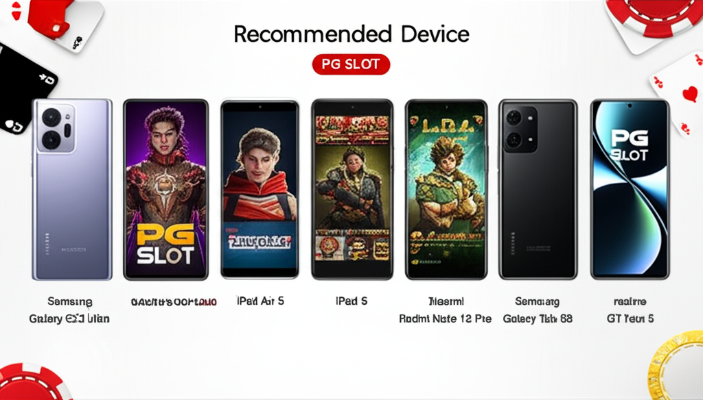 ภาพแสดงมือถือและแท็บเล็ต 5 รุ่นที่แนะนำสำหรับเล่นสล็อต PG SLOT แตกง่ายในปี 2025 พร้อมชื่อรุ่น
