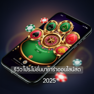 ภาพประกอบโปรโมชั่นบาคาร่าออนไลน์สดปี 2025 บนหน้าจอมือถือ พร้อมไอคอนเกมคาสิโนยอดนิยมและธีมสีทองน้ำเงิน