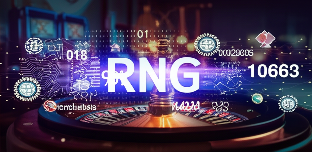 ภาพประกอบดิจิทัลแสดงแนวคิด RNG และเทคโนโลยี AI ในคาสิโนสด สื่อถึงความยุติธรรมและนวัตกรรมในเกมคาสิโนของ thepgbets