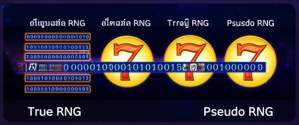 อินโฟกราฟิกอธิบายระบบ RNG ในเกมสล็อต แสดงการสุ่มตัวเลขและการแปลงเป็นสัญลักษณ์บนวงล้อ