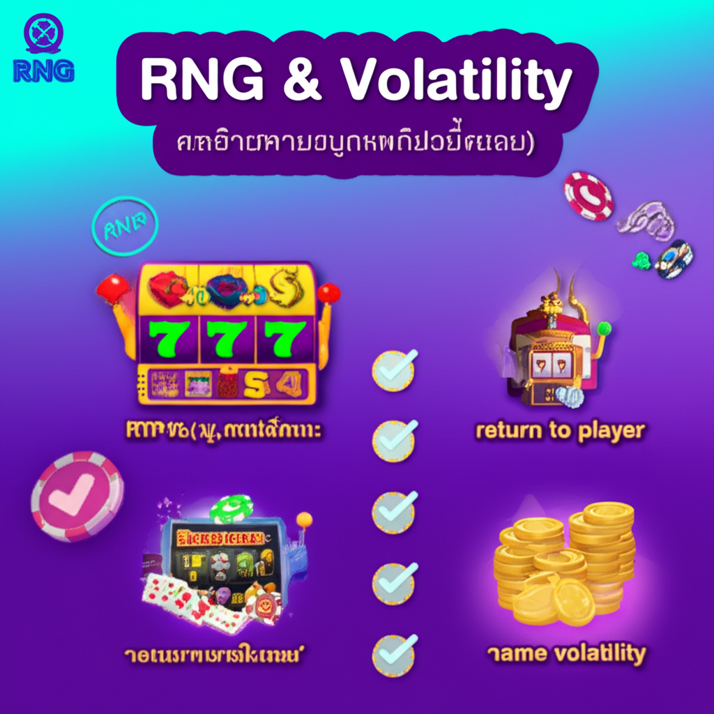 อินโฟกราฟิกแสดงความสัมพันธ์ระหว่าง RNG, RTP และความผันผวนในเกมสล็อต พร้อมคำอธิบายเป็นภาษาไทย