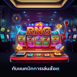 ภาพเครื่องสล็อตสีสันสดใสพร้อมสัญลักษณ์หมุนและไอคอนเทคโนโลยี RNG แสดงถึงความยุติธรรมและเทคนิคการเล่นสล็อต