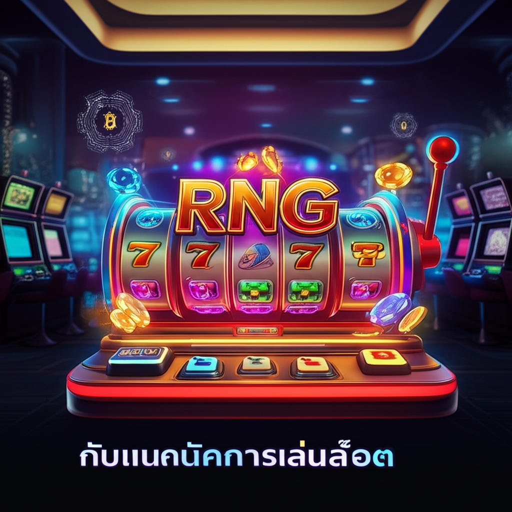 ภาพเครื่องสล็อตสีสันสดใสพร้อมสัญลักษณ์หมุนและไอคอนเทคโนโลยี RNG แสดงถึงความยุติธรรมและเทคนิคการเล่นสล็อต