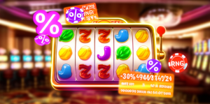 ภาพประกอบเกมสล็อตออนไลน์ที่แสดงระบบ RNG และ RTP พร้อมสัญลักษณ์ความยุติธรรมและความตื่นเต้นในเกมสล็อต