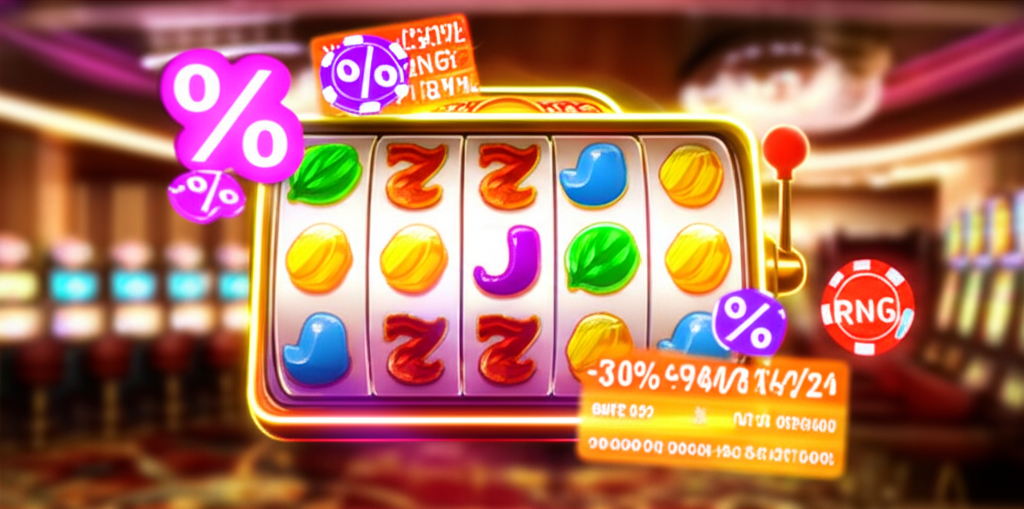 ภาพประกอบเกมสล็อตออนไลน์ที่แสดงระบบ RNG และ RTP พร้อมสัญลักษณ์ความยุติธรรมและความตื่นเต้นในเกมสล็อต