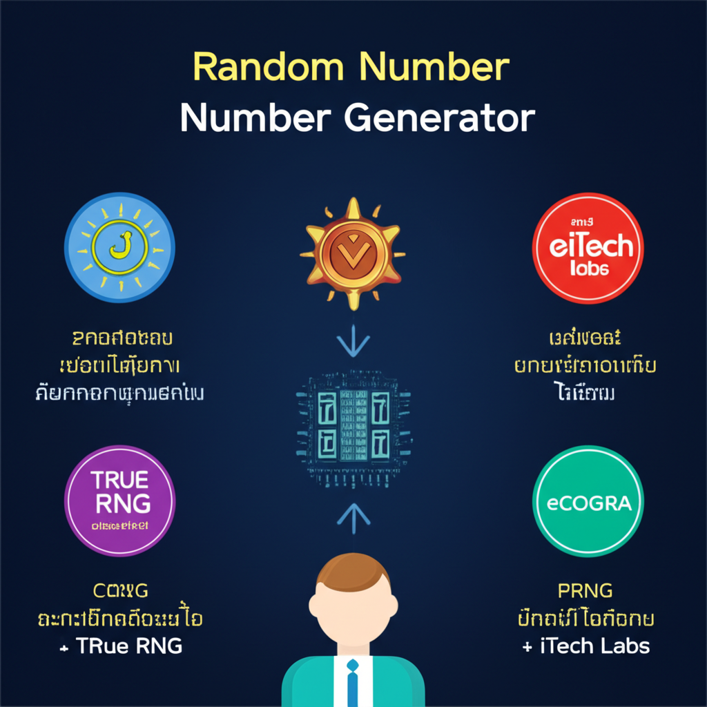 อินโฟกราฟิกอธิบายระบบ RNG ในเกมคาสิโนออนไลน์ พร้อมใบรับรองจากองค์กรอิสระและความแตกต่างของ RNG
