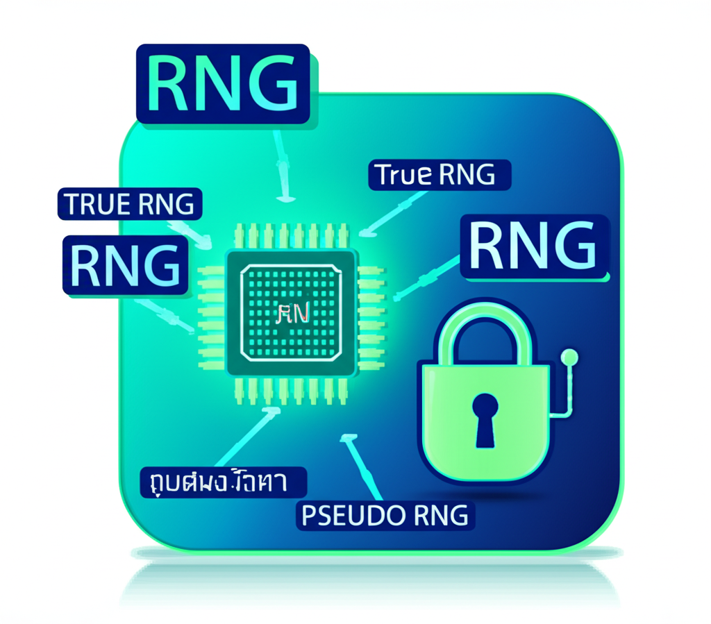 อินโฟกราฟิกอธิบายระบบ RNG ในเกมสล็อตออนไลน์ พร้อมแสดงความแตกต่างระหว่าง True RNG และ Pseudo RNG