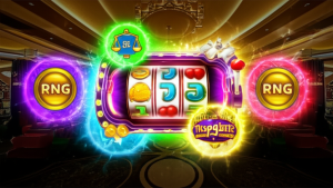 ภาพเครื่องสล็อตที่แสดงถึงระบบ RNG และความยุติธรรมในเกมสล็อตออนไลน์ พร้อมโลโก้ thepgbets