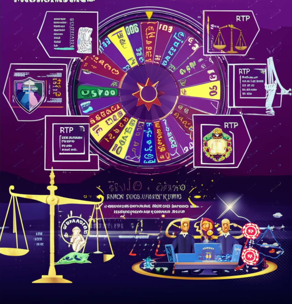 อินโฟกราฟิกอธิบาย RNG และ RTP ในเกมคาสิโน พร้อมภาพวงล้อสุ่มและกราฟการจ่ายเงิน แสดงความสำคัญของความยุติธรรมและอัตราการจ่ายในเกม