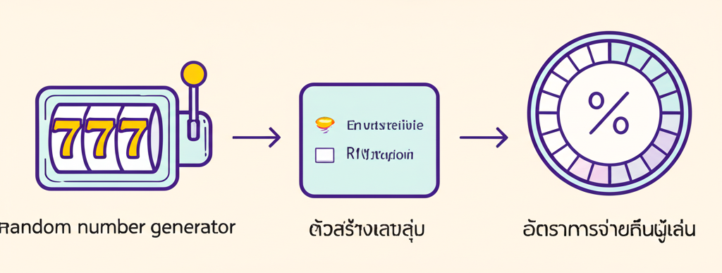 แผนผังอธิบายระบบ RNG และ RTP ในเกมสล็อตออนไลน์ เพื่อแสดงความยุติธรรมและอัตราการจ่ายเงิน