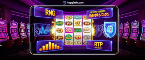 ภาพประกอบเกมสล็อตออนไลน์พร้อมสัญลักษณ์ RNG และ RTP แสดงถึงความน่าเชื่อถือและความตื่นเต้นของการเล่นที่ thepgbets.com