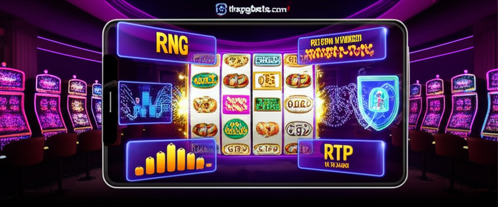 ภาพประกอบเกมสล็อตออนไลน์พร้อมสัญลักษณ์ RNG และ RTP แสดงถึงความน่าเชื่อถือและความตื่นเต้นของการเล่นที่ thepgbets.com