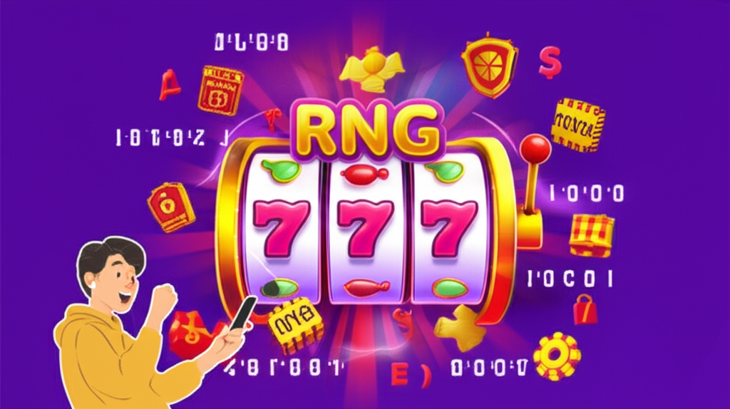 ภาพประกอบเกมสล็อตออนไลน์พร้อมสัญลักษณ์ RNG แสดงถึงระบบสุ่มและความยุติธรรมในเกม