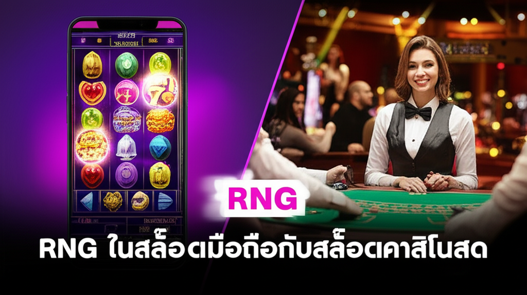 ภาพประกอบแสดงความแตกต่างระหว่างสล็อตมือถือที่ใช้ RNG กับคาสิโนสดที่มีดีลเลอร์จริงในบรรยากาศคาสิโน