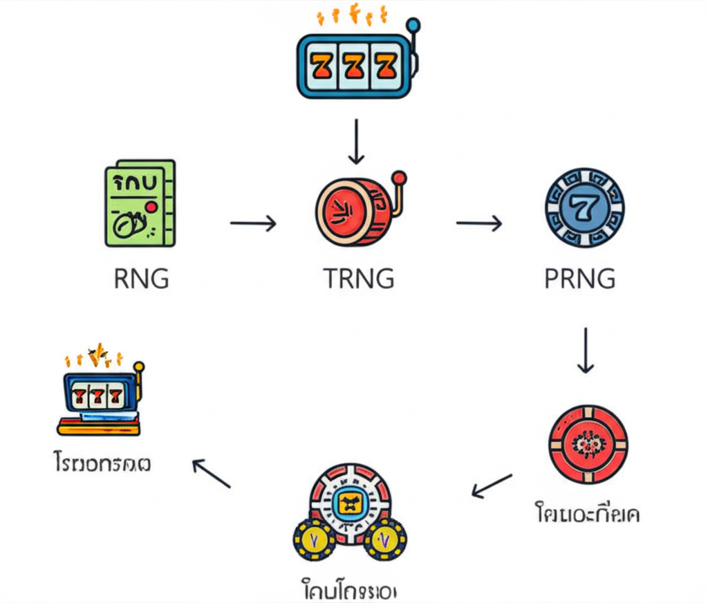 อินโฟกราฟิกอธิบายระบบ RNG ในเกมสล็อตออนไลน์ พร้อมแสดงประเภท RNG และการทำงาน