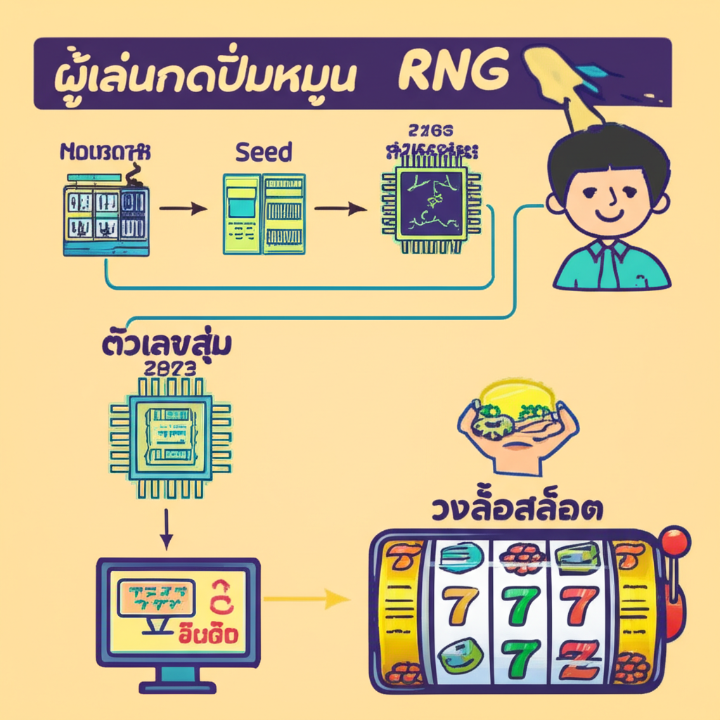 อินโฟกราฟิกอธิบายการทำงานของ RNG ในเกมสล็อตมือถือด้วยภาพและคำอธิบายภาษาไทย