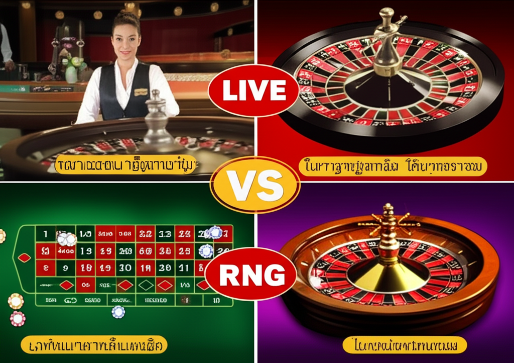 อินโฟกราฟิกเปรียบเทียบรูเล็ตสดและรูเล็ต RNG แสดงความแตกต่างของดีลเลอร์สดและระบบสุ่มผล