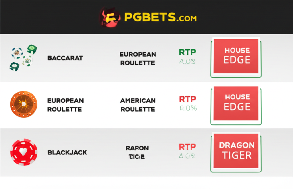 ตารางเปรียบเทียบค่า RTP และ House Edge ของเกมโต๊ะคาสิโนสดยอดนิยม เช่น บาคาร่า รูเล็ตยุโรป รูเล็ตอเมริกัน แบล็คแจ็ค และเสือมังกร