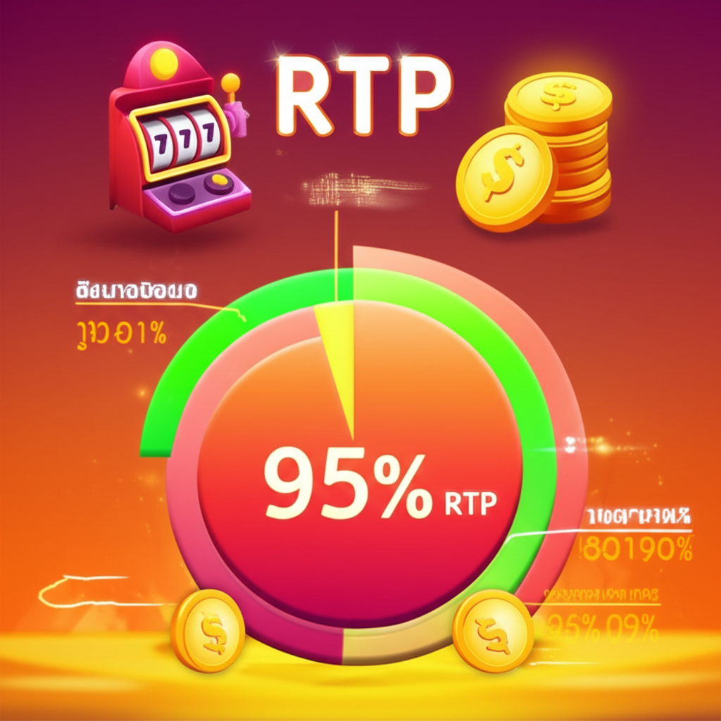 อินโฟกราฟิกแสดงอัตราการจ่าย RTP ในเกมสล็อต พร้อมกราฟและสัญลักษณ์เหรียญ