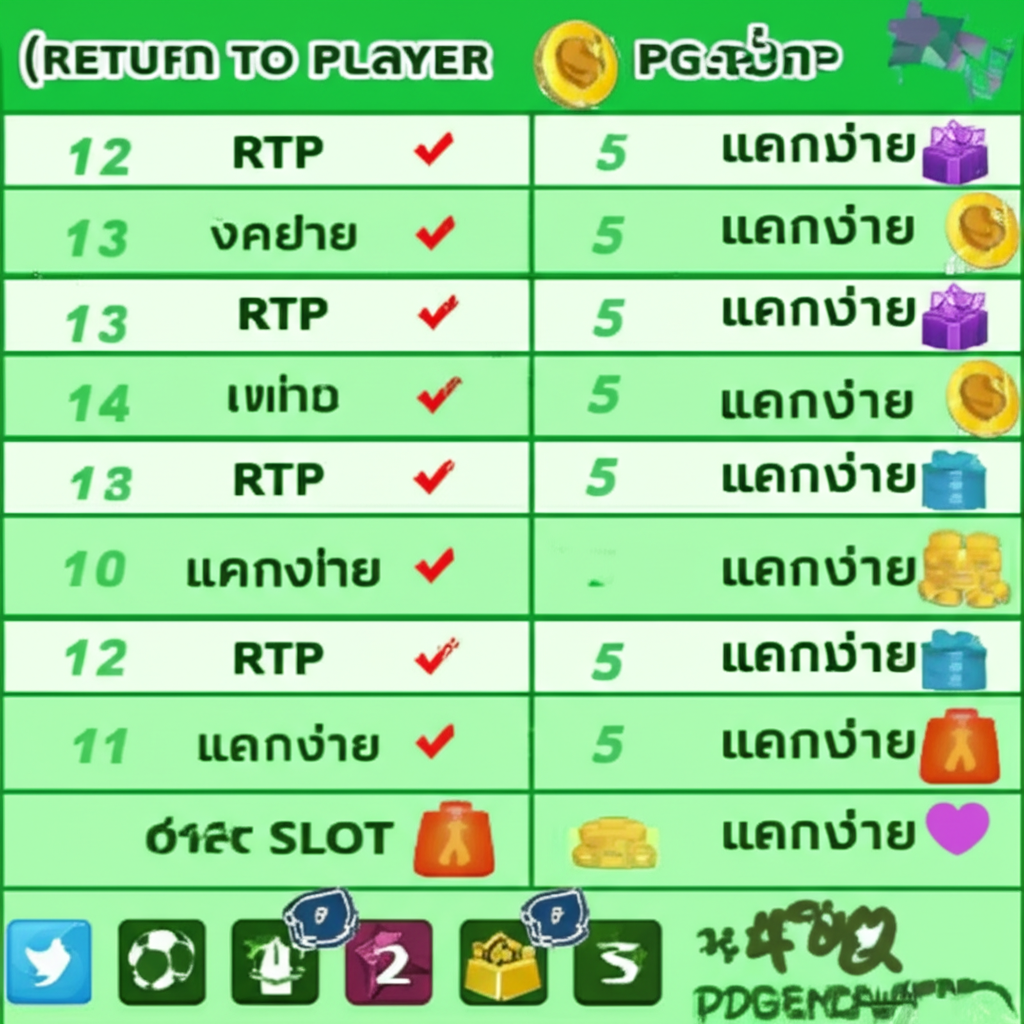 ตารางเปรียบเทียบค่า RTP ของเกมสล็อต PG SLOT ยอดนิยม พร้อมแสดงเกมที่มีอัตราการจ่ายสูงและแตกง่าย