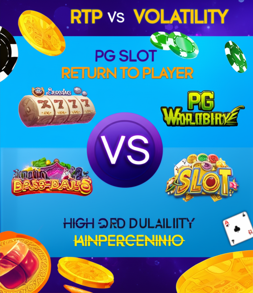 อินโฟกราฟิกเปรียบเทียบ RTP และ Volatility ในเกมสล็อต พร้อมตัวอย่างเกม PG SLOT