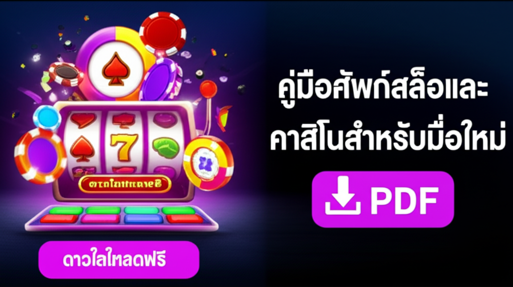 คู่มือศัพท์สล็อตและคาสิโนสำหรับมือใหม่ ดาวน์โหลดฟรี PDF ปกหนังสือสีสันสดใส มีภาพสล็อตแมชชีนและชิปคาสิโน