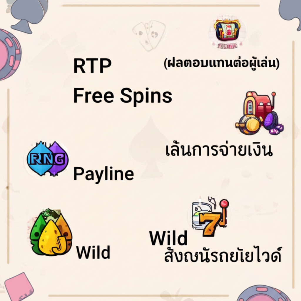 อินโฟกราฟิกคำศัพท์สล็อตพื้นฐาน เช่น RTP, RNG, ฟรีสปิน, เพย์ไลน์, ไวลด์ พร้อมไอคอนและคำอธิบายภาษาไทย