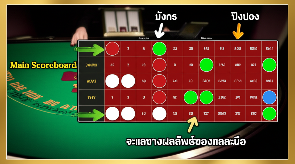 ภาพแสดงวิธีอ่านเค้าไพ่บาคาร่าออนไลน์สดแบบทีละขั้นตอน พร้อมตัวอย่างการอ่านเค้าไพ่ในตารางสถิติ