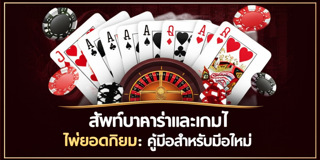 ภาพประกอบเกมไพ่ยอดนิยม เช่น บาคาร่า แบล็คแจ็ค และเสือมังกร พร้อมข้อความภาษาไทย 'ศัพท์บาคาร่าและเกมไพ่ยอดนิยม: คู่มือสำหรับมือใหม่' แสดงถึงคู่มือสำหรับผู้เริ่มต้นเล่นคาสิโนออนไลน์