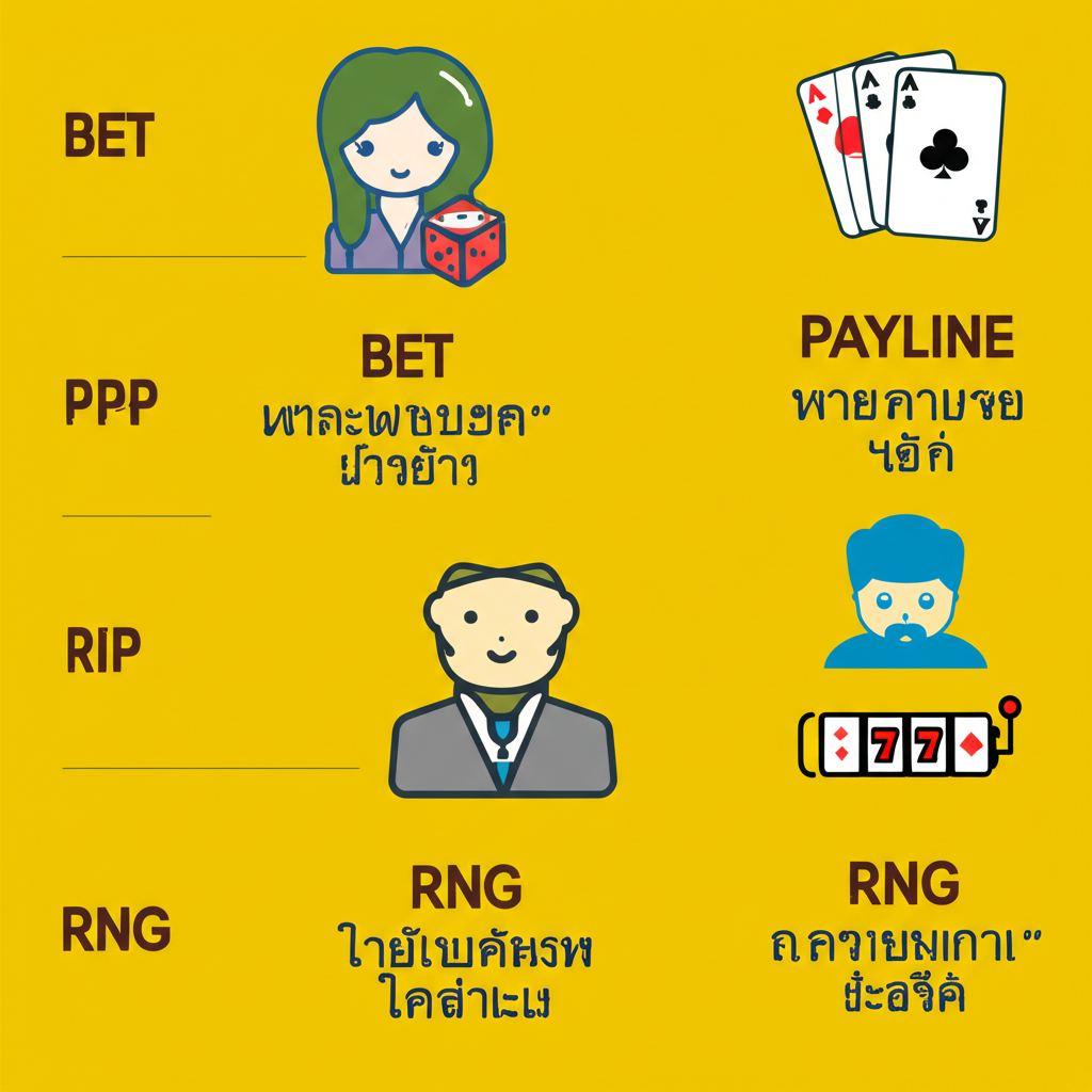อินโฟกราฟิกคำศัพท์พื้นฐานในวงการคาสิโนออนไลน์และสล็อต เช่น Bet, Dealer, Payline, ฟรีสปิน, RTP, RNG พร้อมไอคอนประกอบ