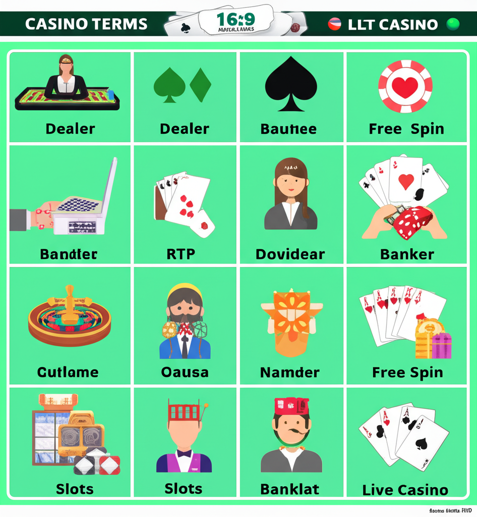 ตารางเปรียบเทียบคำศัพท์สำคัญในเกมคาสิโนสดและสล็อตออนไลน์ เช่น Dealer, RTP, ฟรีสปิน, Banker พร้อมไอคอนเกมต่างๆ