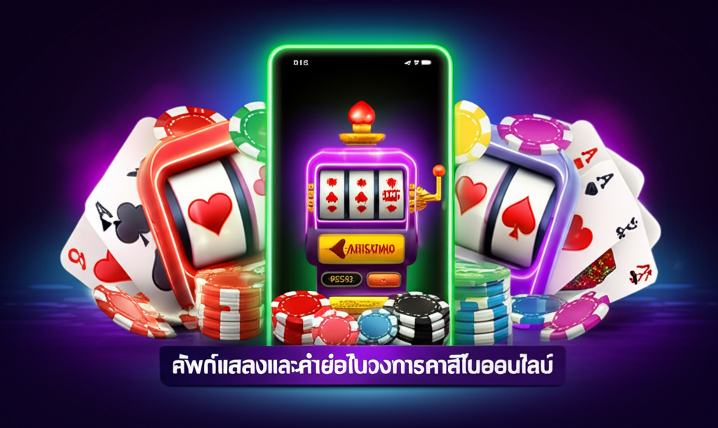 ภาพประกอบธีมคาสิโนออนไลน์ แสดงเครื่องสล็อต ไพ่ ชิปโป๊กเกอร์ และสมาร์ทโฟน พร้อมข้อความภาษาไทยเกี่ยวกับศัพท์แสลงและคำย่อในวงการคาสิโนออนไลน์