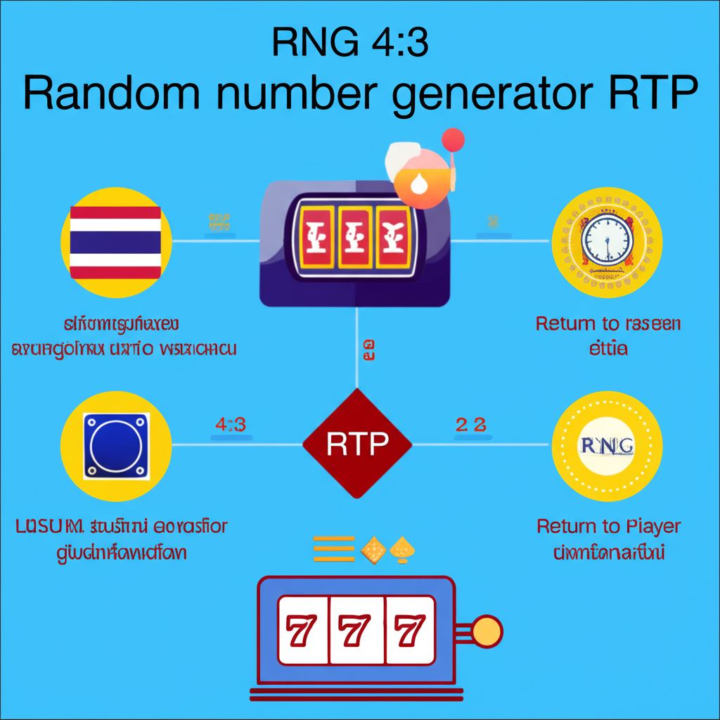 อินโฟกราฟิกอธิบายระบบ RNG และ RTP ในเกมสล็อตออนไลน์ พร้อมแผนภาพและกราฟแสดงความยุติธรรมและอัตราการจ่าย